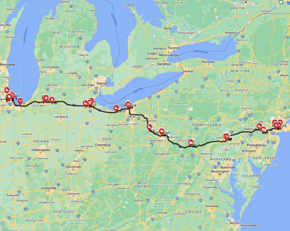 RV trip planner USA Chicago to New York motorhome road trip route